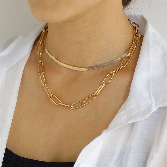 NEW 18k Gold‎ Plated Multi Layer Punk Chain Necklace - Picture 1 of 15